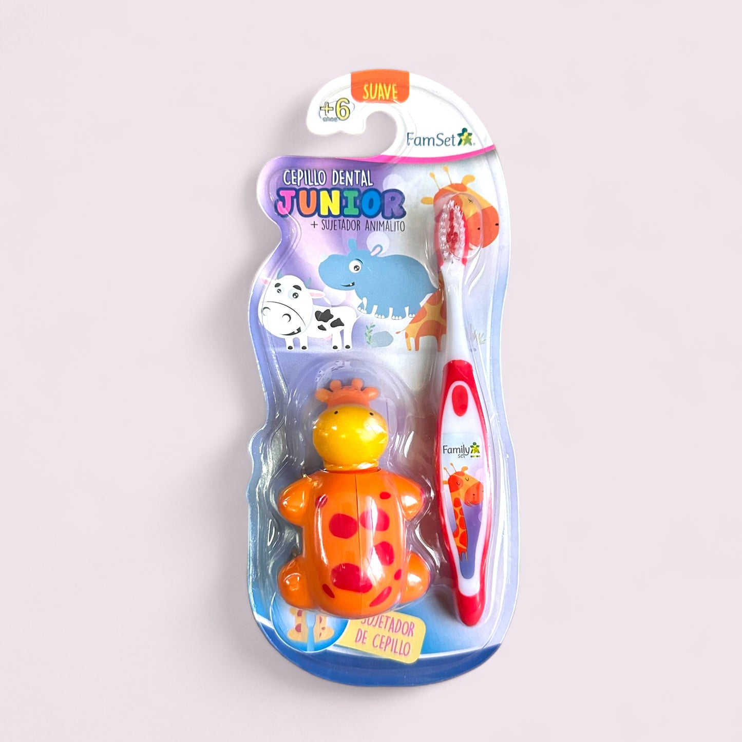 CEPILLO DENTAL INFANTIL FAMILY SET JUNIOR +6AÑOS + SUJETADOR ANIMALITO JIRAFA