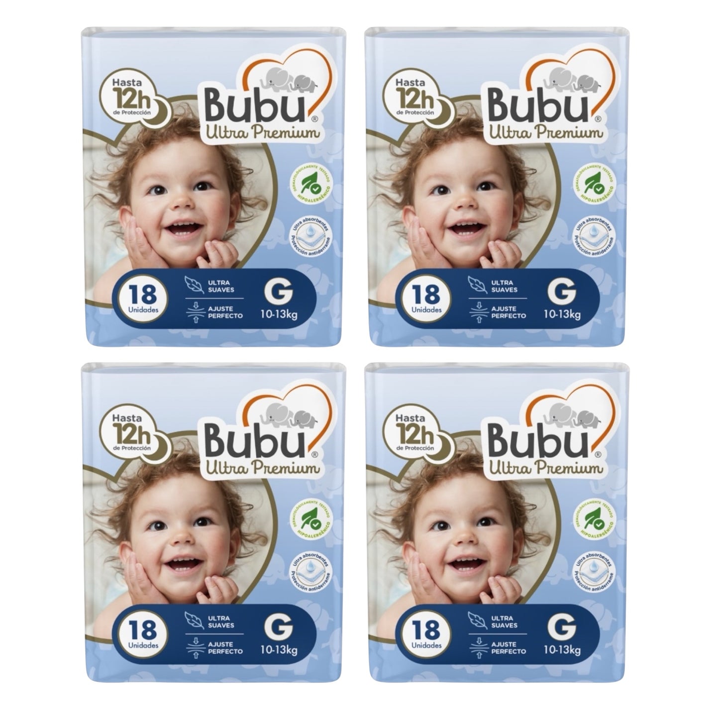 BUBU PAÑALES DESECHABLES PREMIUM TALLA G PACK X4 (72 UNIDADES)