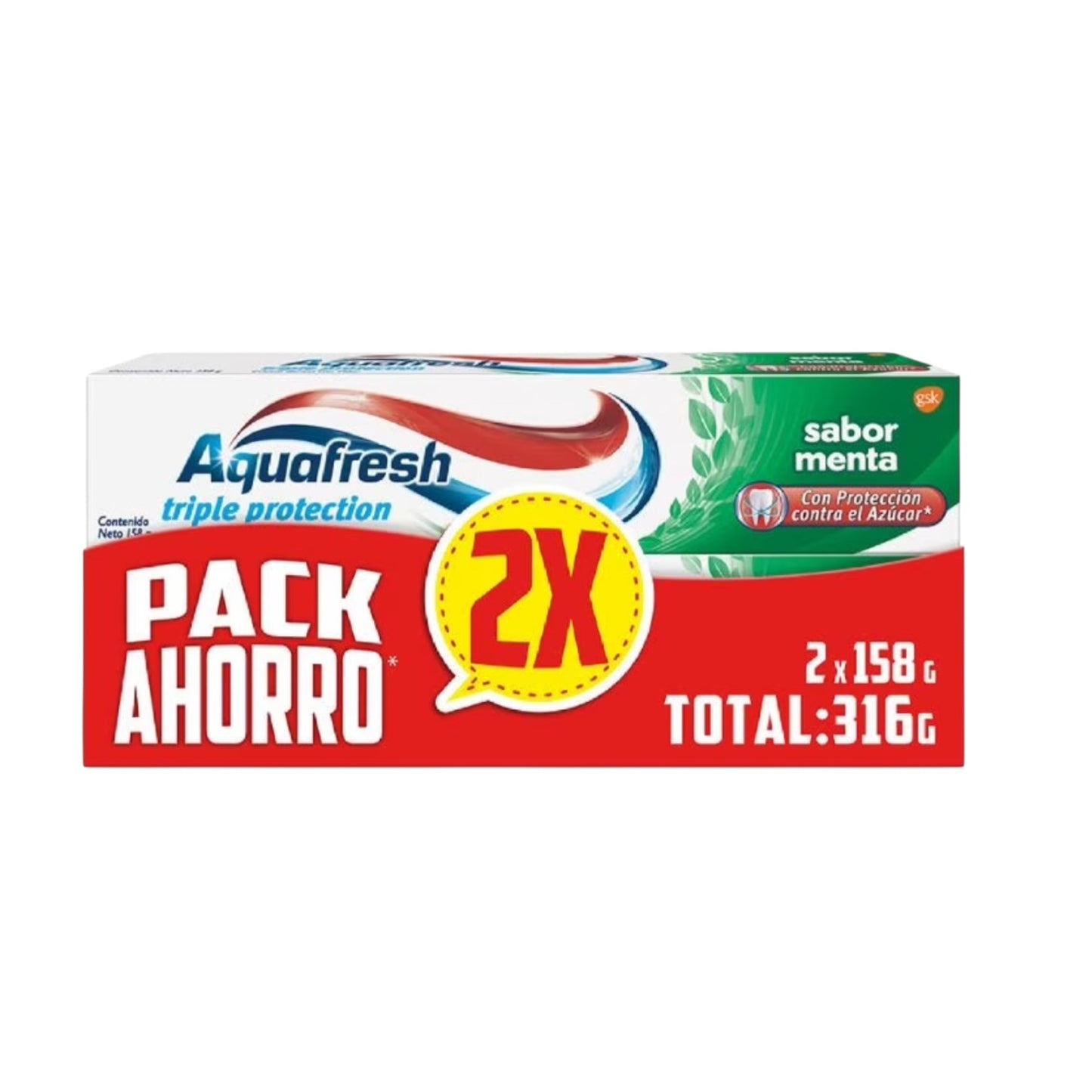 PASTA DENTAL AQUAFRESH TRIPLE PROTECCIÓN SABOR MENTA X2 UNIDADES (316 GR)