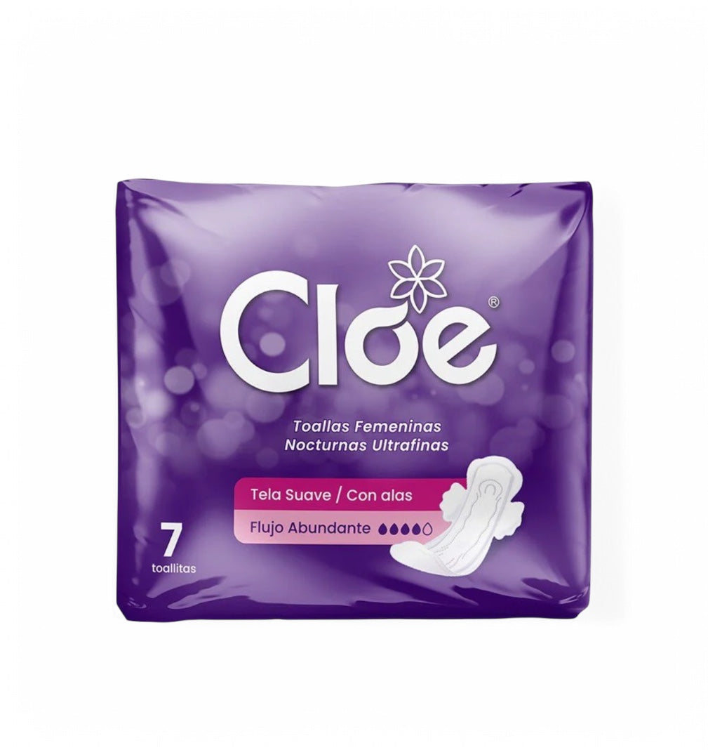 CLOE TOALLITAS HIGIENICAS NOCTURNAS TELA SUAVE, FLUJO ABUNDANTE CON ALAS