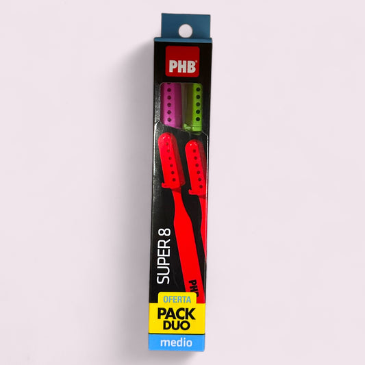 CEPILLO DENTAL PHB ADULTO  SUPER 8 MEDIO PACK DUO.X2 ROSA+VERDE