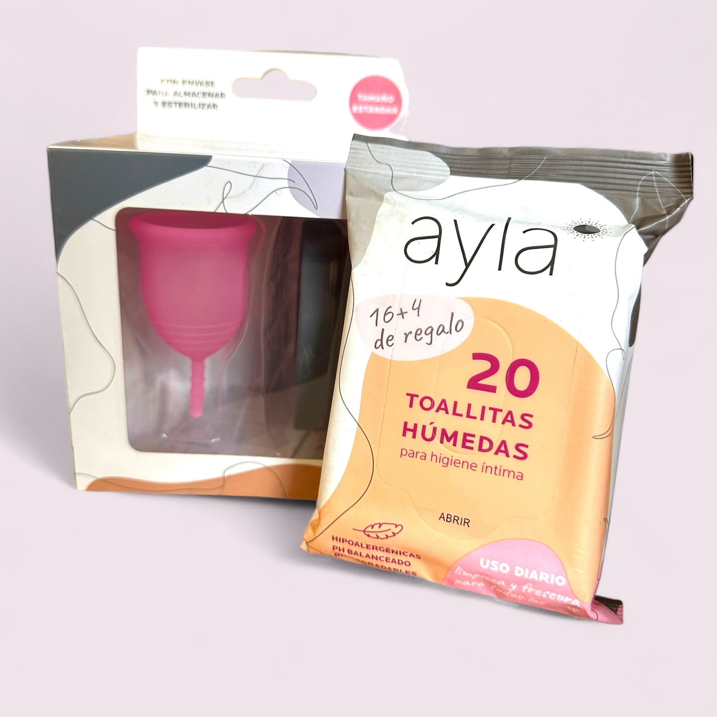 COPA MENSTRUAL AYLA T. ESTANDAR + TOALLAS HUMEDAS PARA HIGIENE INTIMA X20