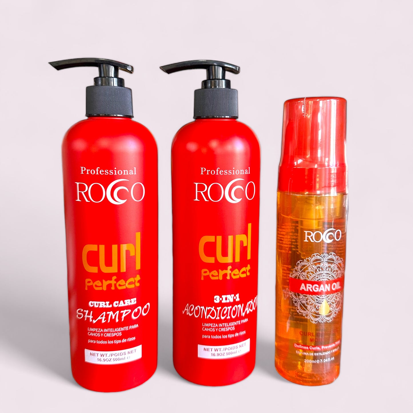 PACK SHAMPOO, ACONDICIONADOR Y MOUSSE ROCCO RULOS CURL PERFECT PARA CABELLO CRESPO