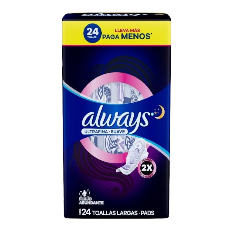ALWAYS ULTRA FINA SUAVE TOALLAS LARGAS FLUJO ABUNDANTE 24 UNIDADES