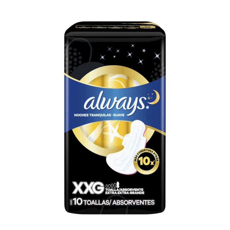 ALWAYS TOALLITAS HIGIÉNICAS  NOCTURNAS CON ALAS X10 FLUJO SUPER ABUNDANTE XXG