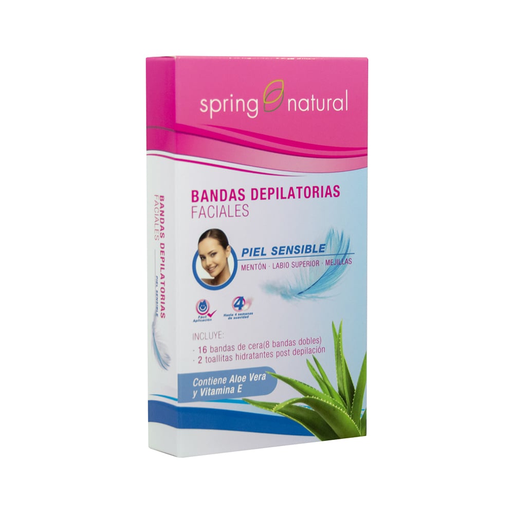 DEPILACION - SPRING NATURAL BANDAS DEPILATORIA FACIALES PIEL SENSIBLE X16 + 2 TOALLITAS