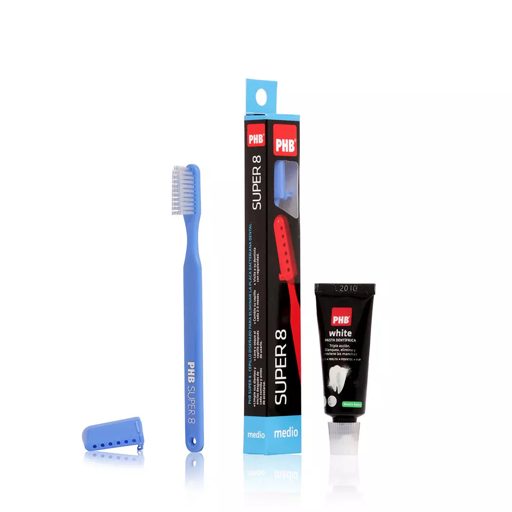 CEPILLO DENTAL PHB ADULTO SUPER 8 MEDIO + PASTA DENTAL 15ML (COLOR ROJO)