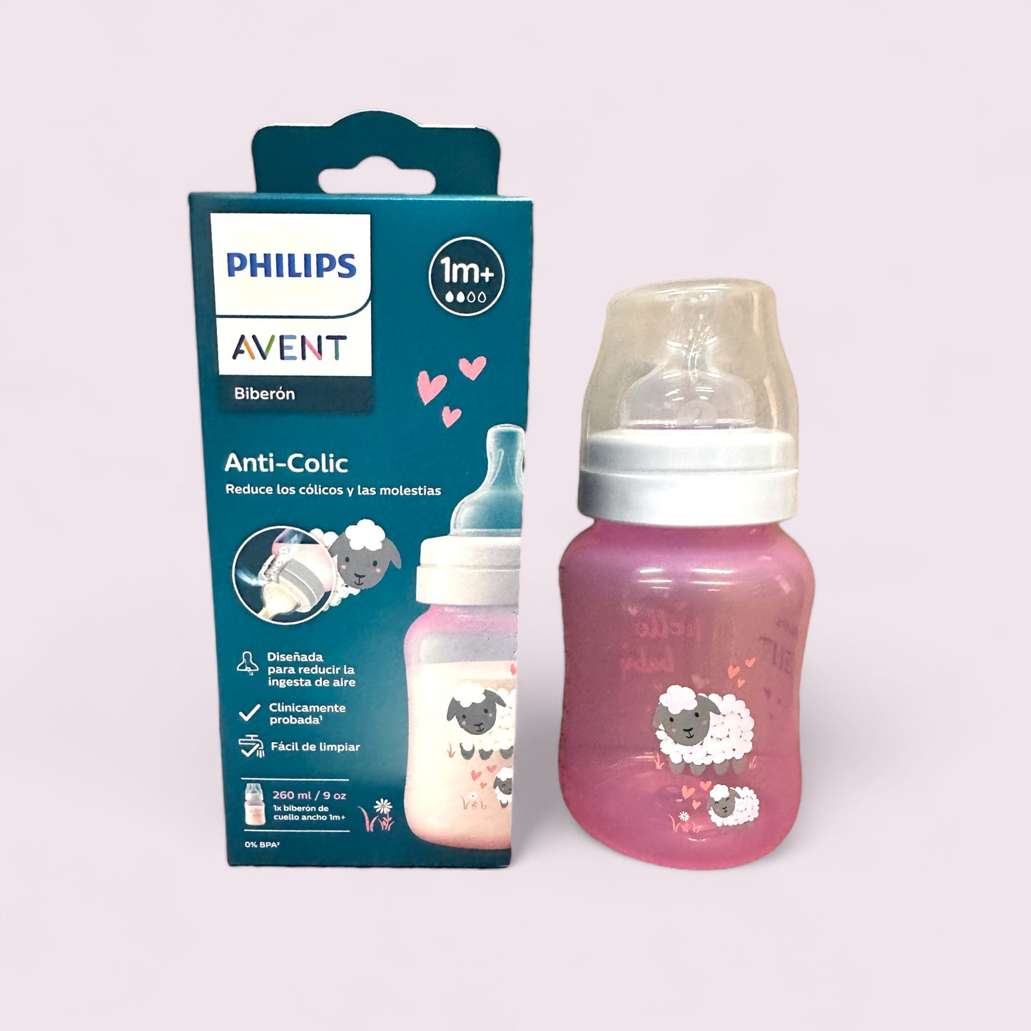 MAMADERA AVENT CON VÁLVULA ANTICÓLICO OVEJA ROSA 260ML