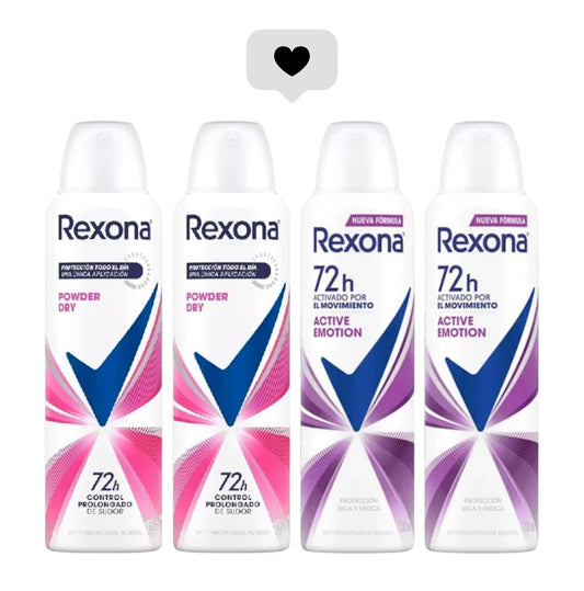 DESODORANTE MUJER PACK REXONA POWDER DRY - ACTIVE EMOTION ANTITRANSPIRANTE SPRAY 72 HRS X4 UNIDADES